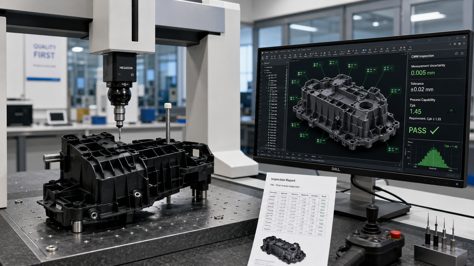 CMM machine inspecting an automotive plastic part in a metrology lab