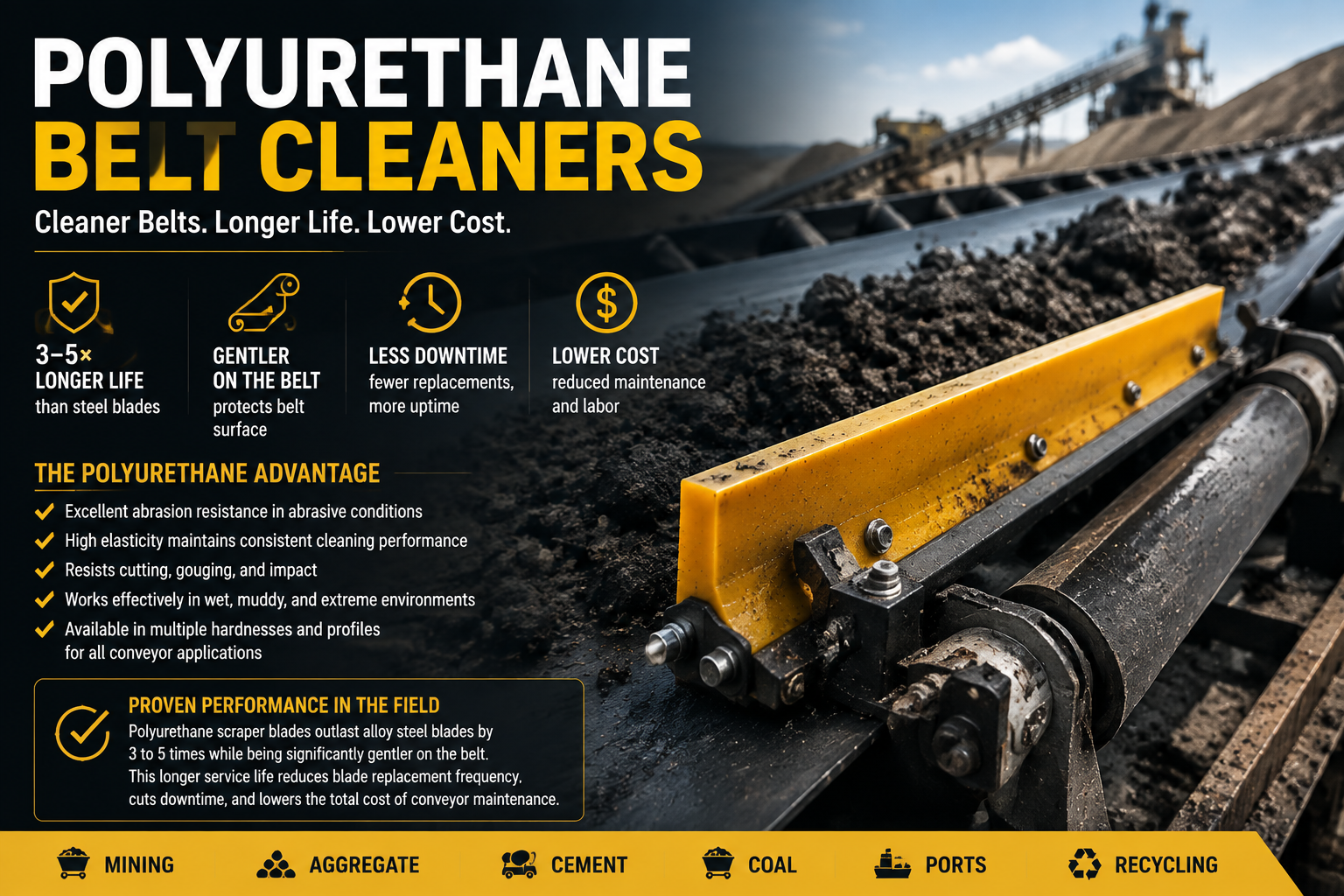 Polyurethane conveyor belt cleaner installed at a head pulley