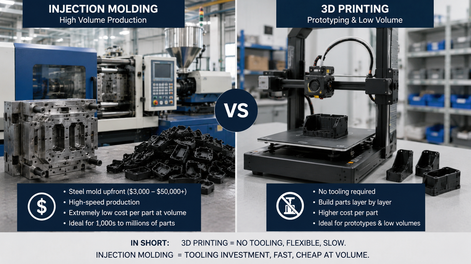 Injection molding machine and 3D printer comparison