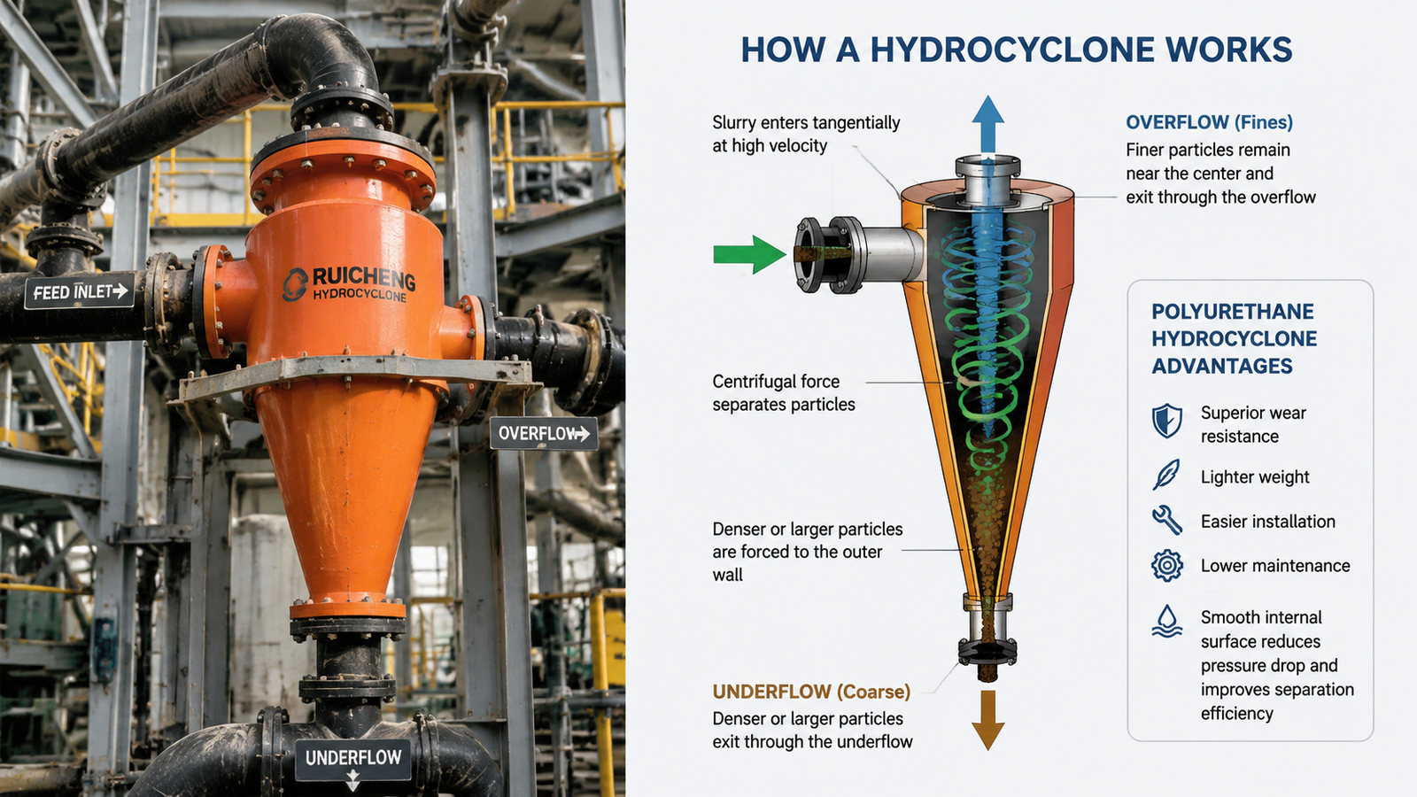 Polyurethane hydrocyclone bank in a mineral processing plant