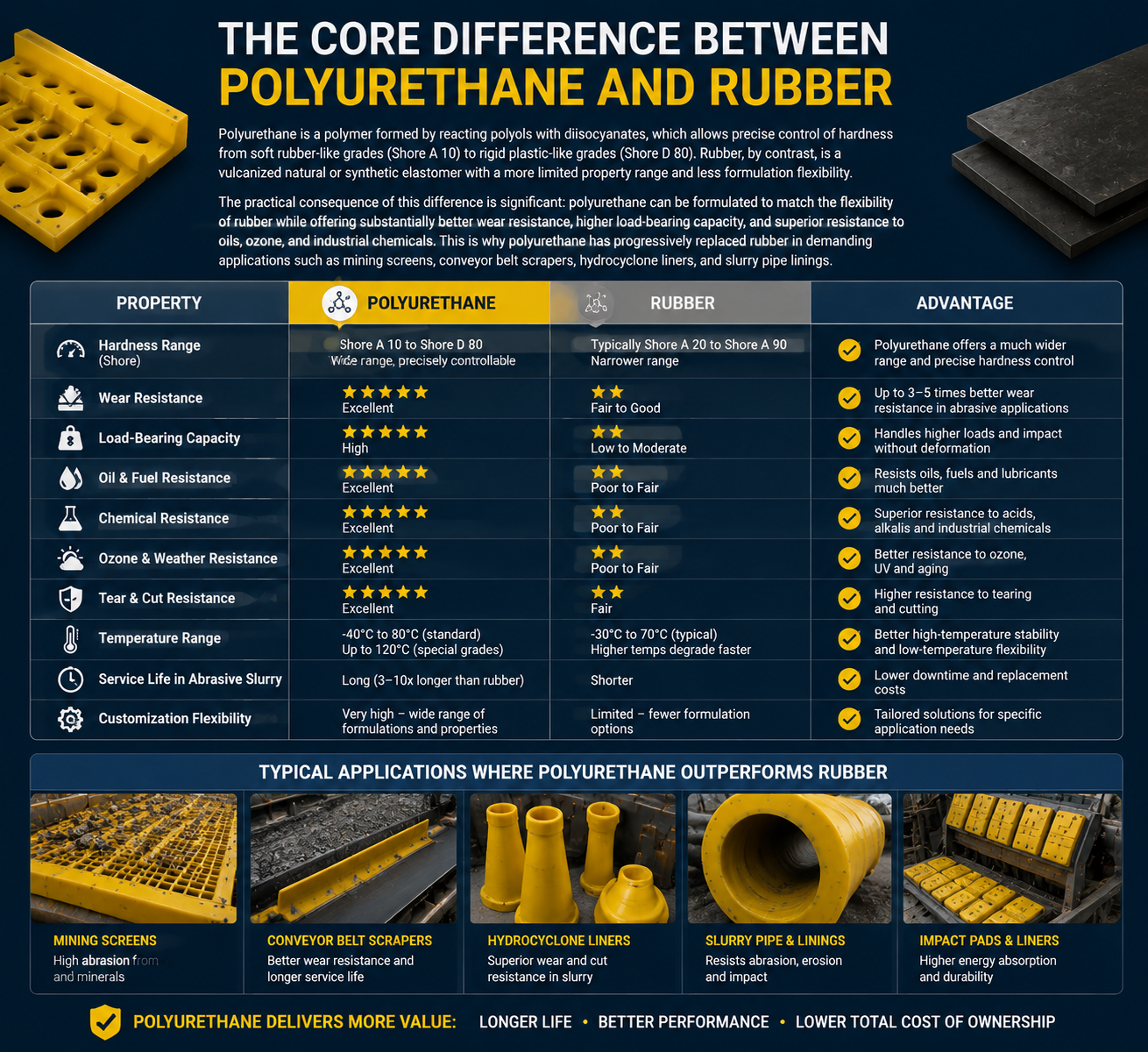 Comparison of polyurethane and rubber industrial components