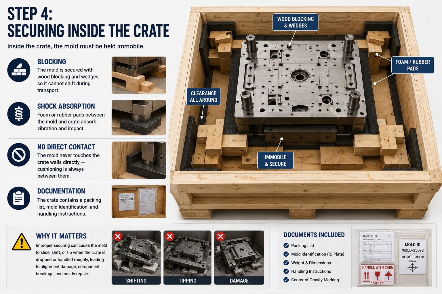 Mold secured inside crate with blocking and cushioning