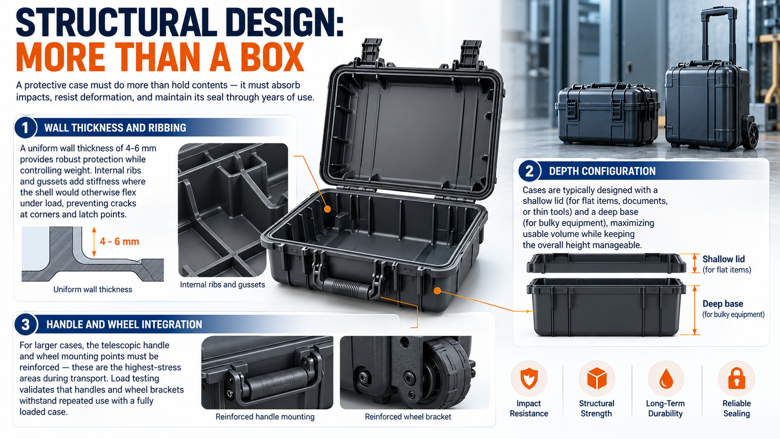 Case structural design with ribbing and reinforcements