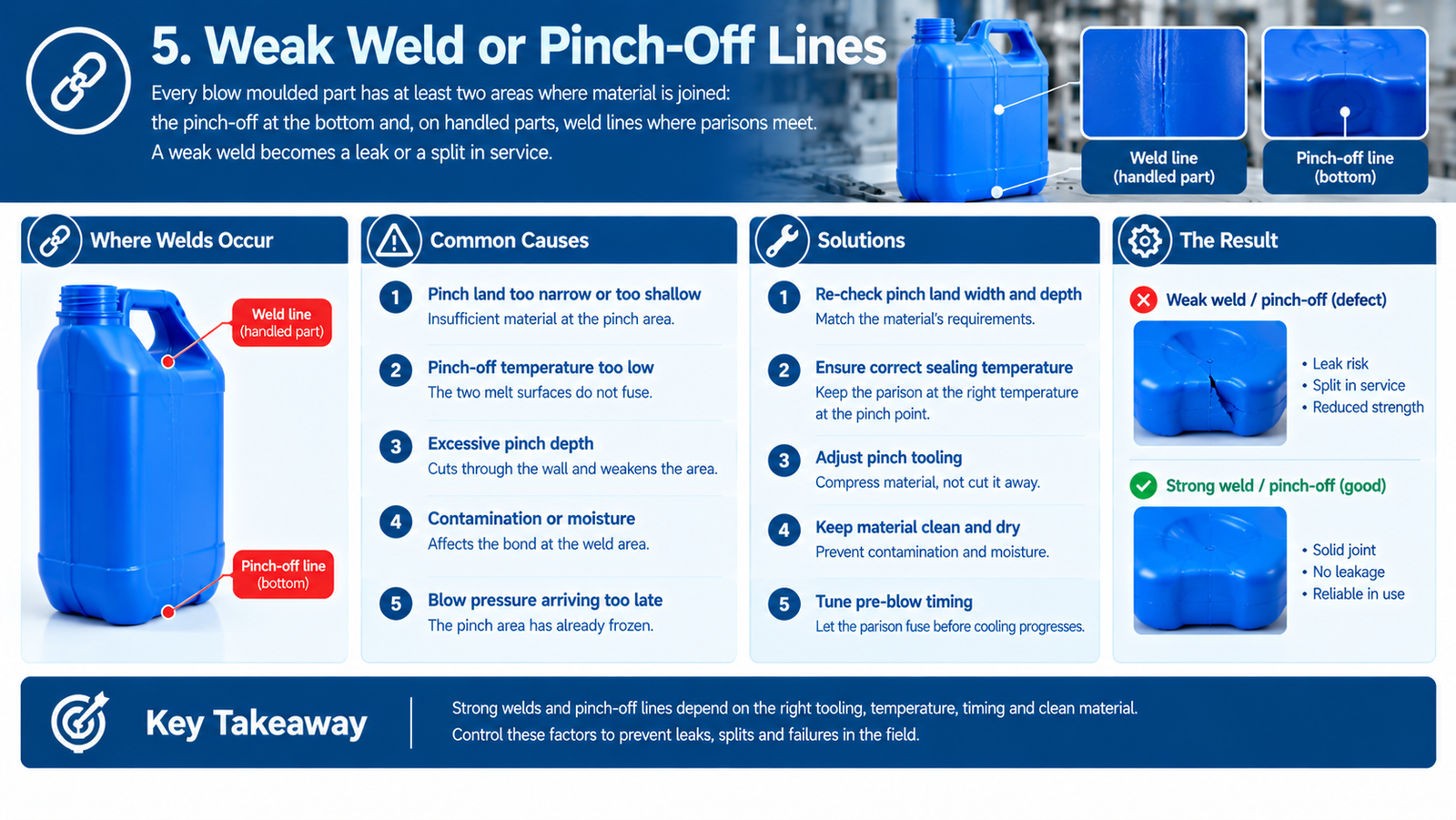 Pinch-off geometry and weld line formation in blow moulding