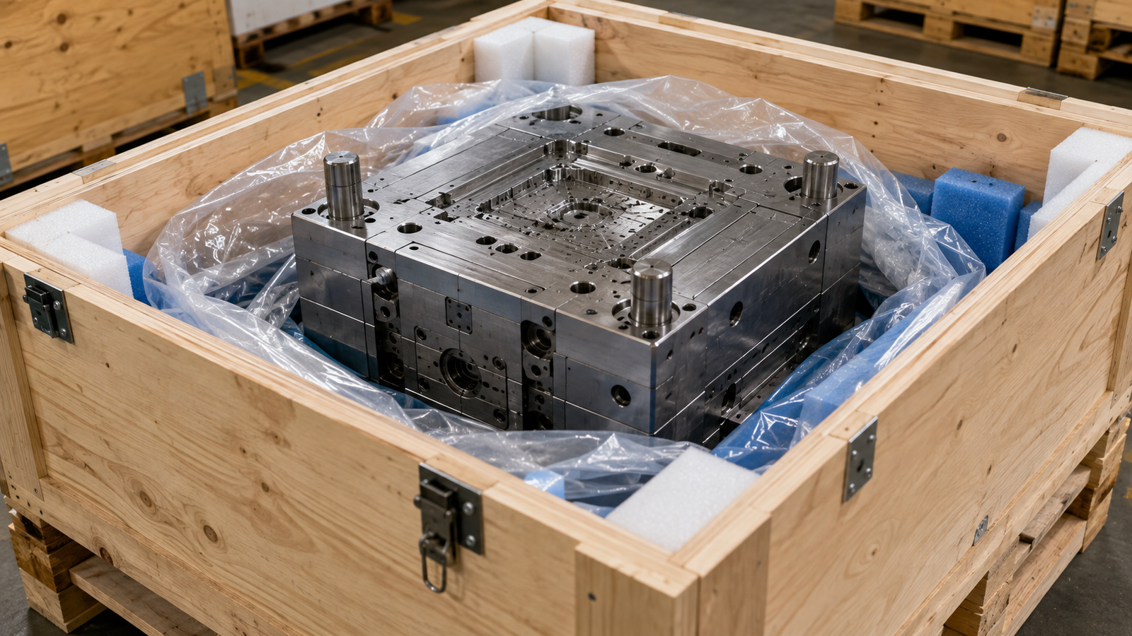 Injection mold being prepared for shipping