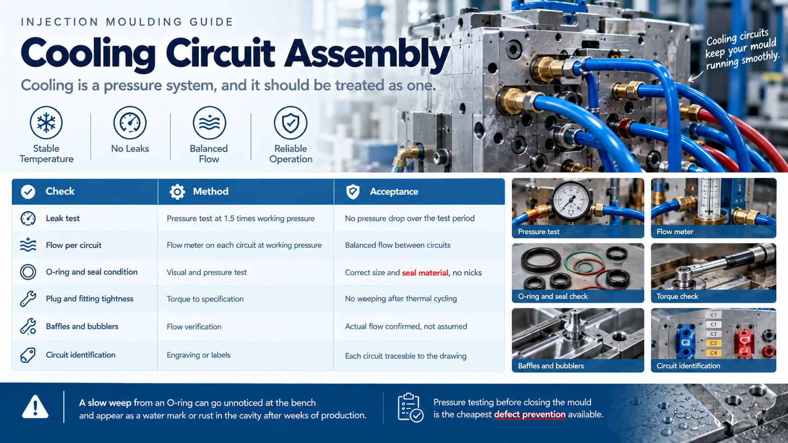 Cooling circuit pressure test and flow verification during mould assembly