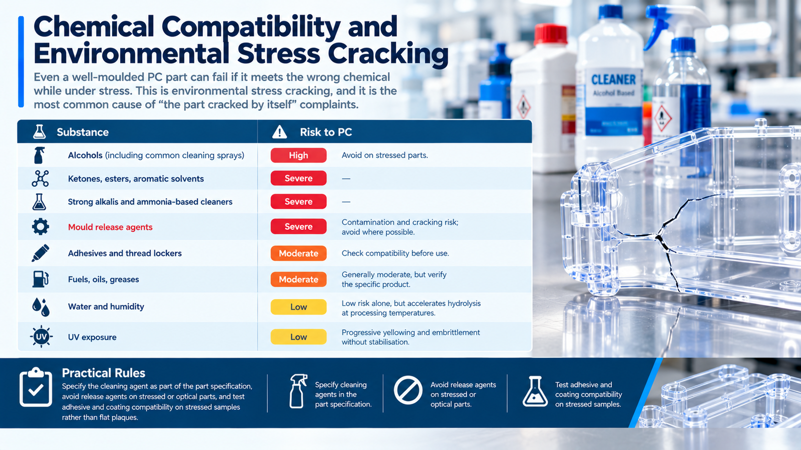 Chemical compatibility and stress cracking risks for polycarbonate parts