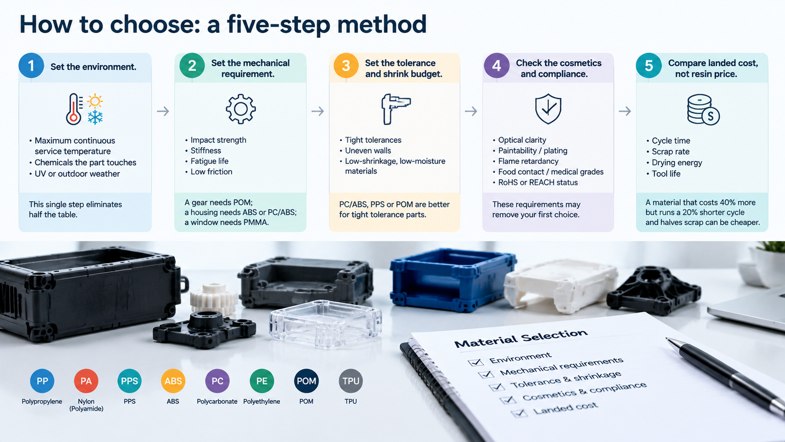 Material selection decision flow for injection molded parts