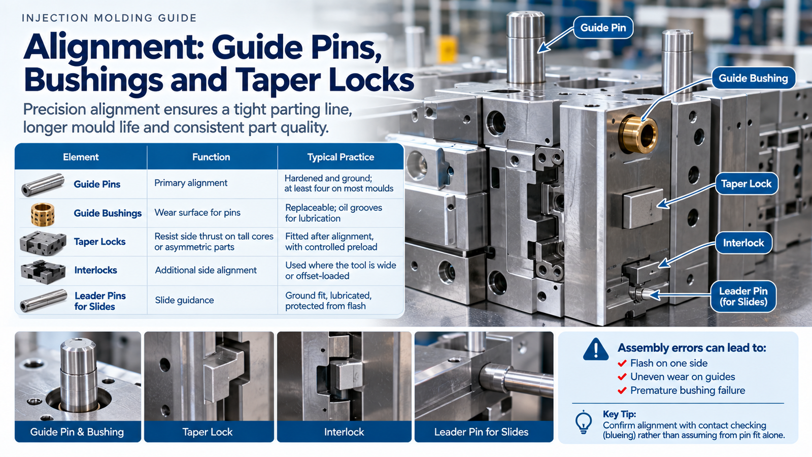 Guide pin, taper lock and interlock arrangement in a mould base