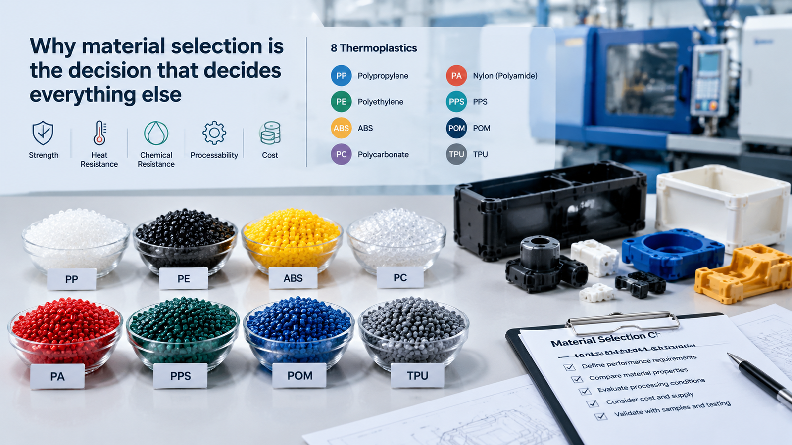Eight common injection molding materials compared