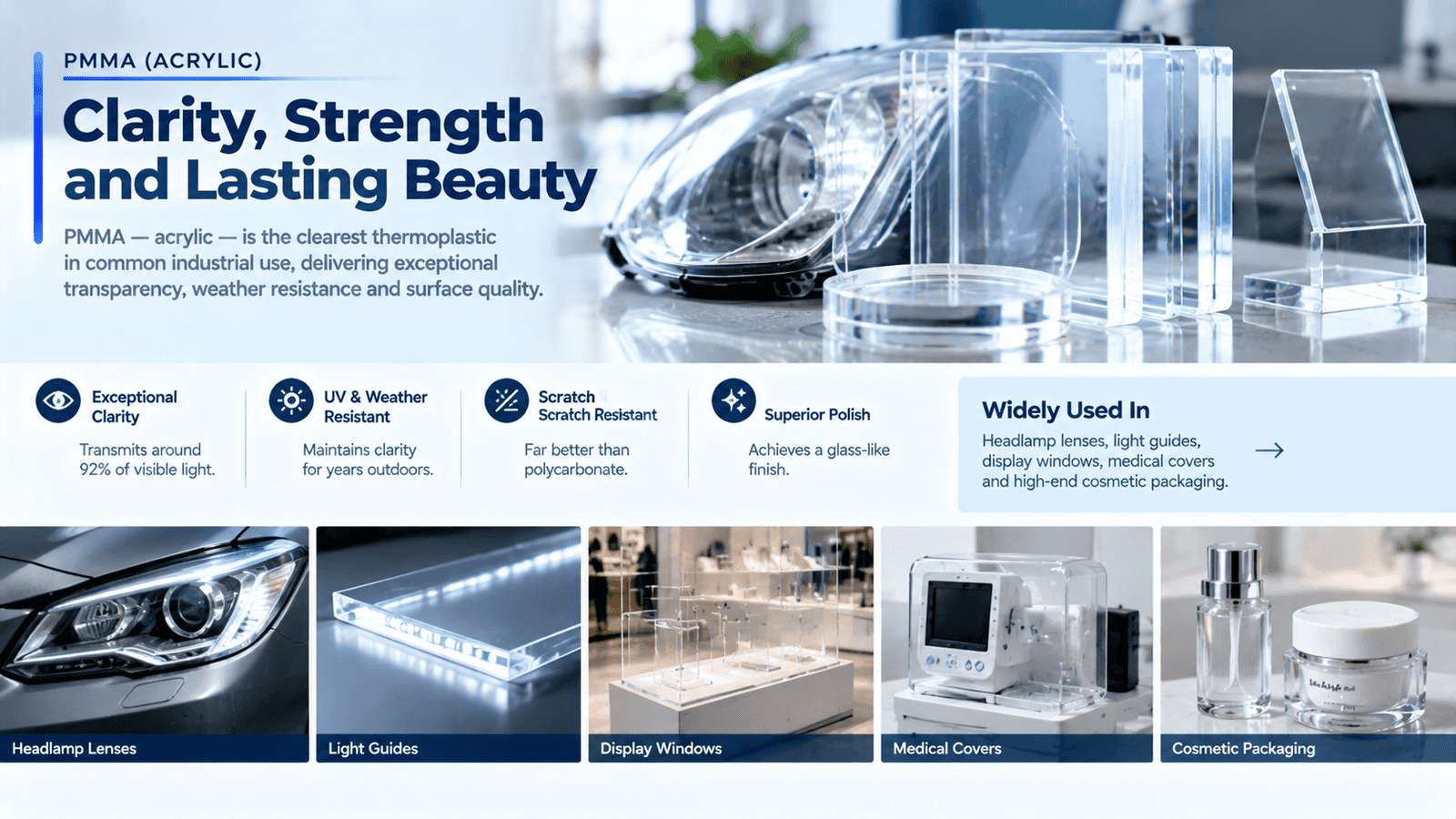 PMMA injection moulded optical and transparent components